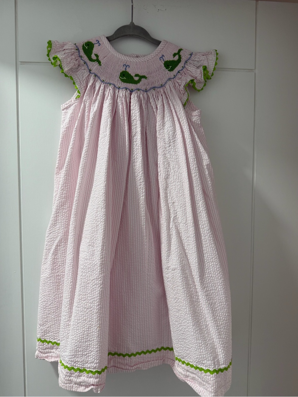 Girls Pink Seersucker Whale Smocked Dress with Green Trim